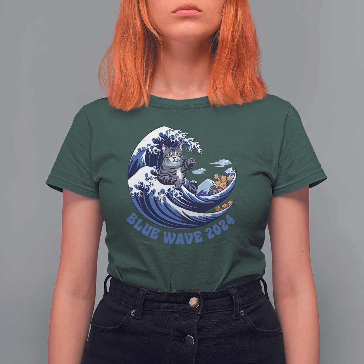 Funny Blue Wave 2024 T Shirt For Women Vote Blue Presidential Elections Cat Tsunami Flowers - Wonder Print Shop