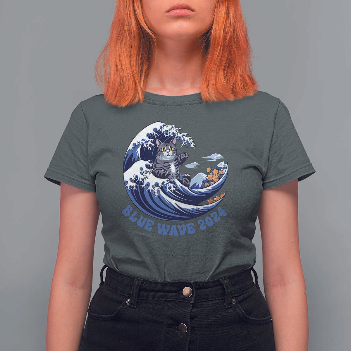 Funny Blue Wave 2024 T Shirt For Women Vote Blue Presidential Elections Cat Tsunami Flowers - Wonder Print Shop