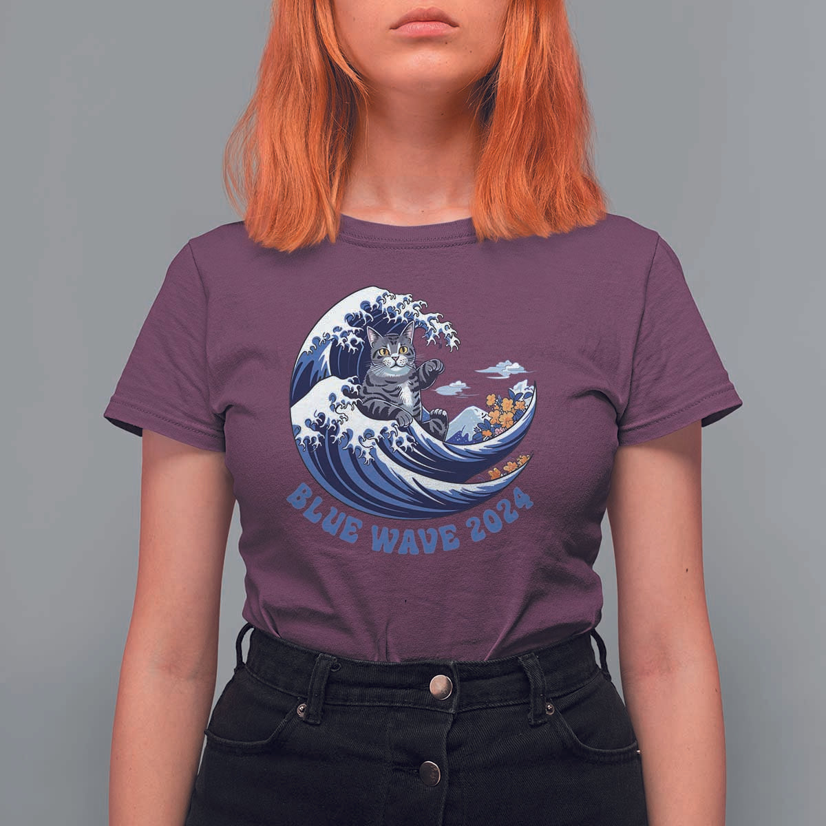 Funny Blue Wave 2024 T Shirt For Women Vote Blue Presidential Elections Cat Tsunami Flowers - Wonder Print Shop