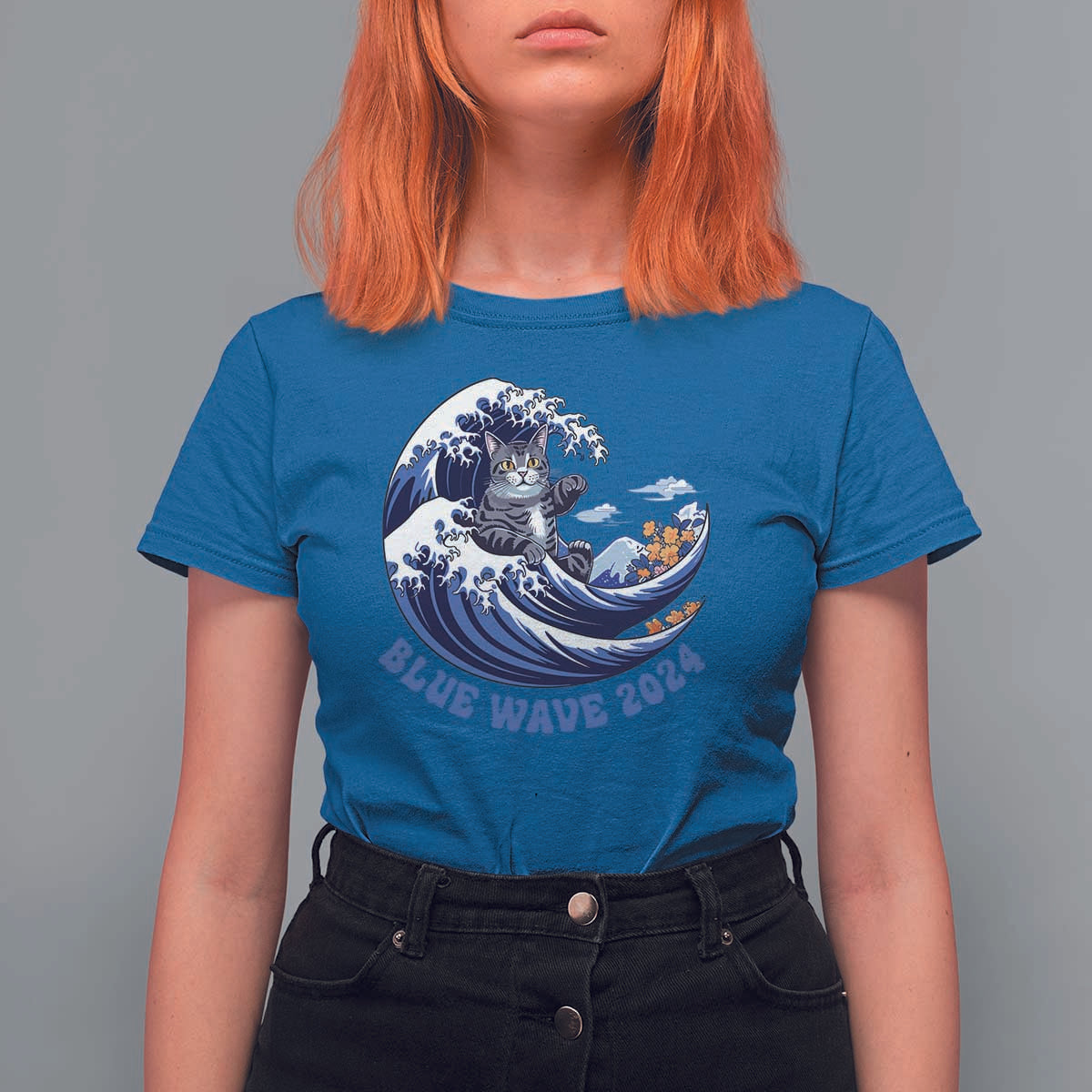 Funny Blue Wave 2024 T Shirt For Women Vote Blue Presidential Elections Cat Tsunami Flowers - Wonder Print Shop