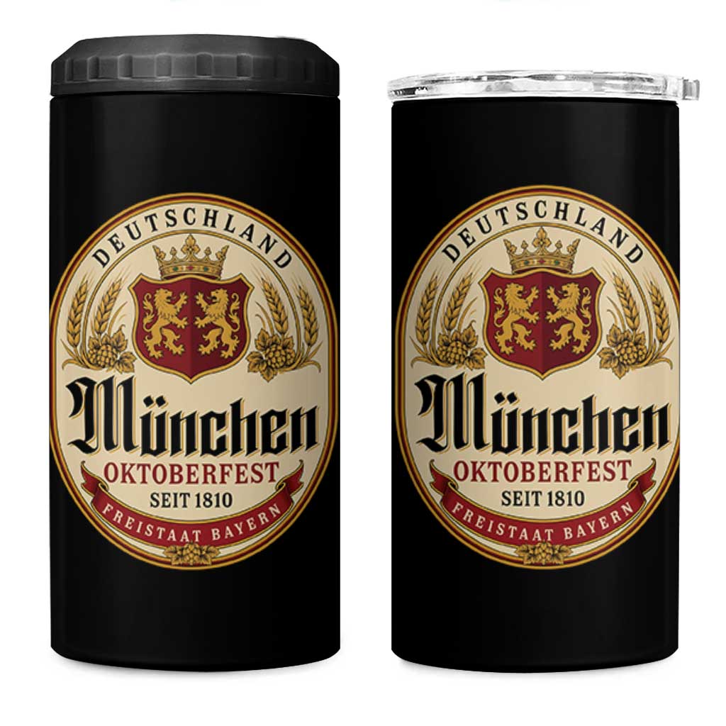 Oktoberfest Munchen Seit 1810 4 in 1 Can Cooler Tumbler Deutschland German Beer Label Bavarian Lion Shield
