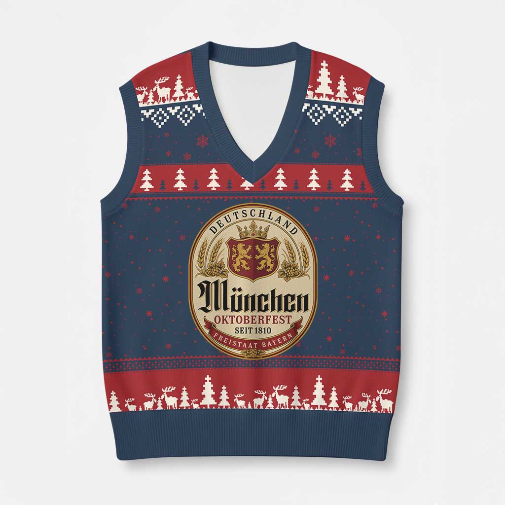 Oktoberfest Munchen Seit 1810 V-Neck Knit Sweater Vest Deutschland German Beer Label Bavarian Lion Shield