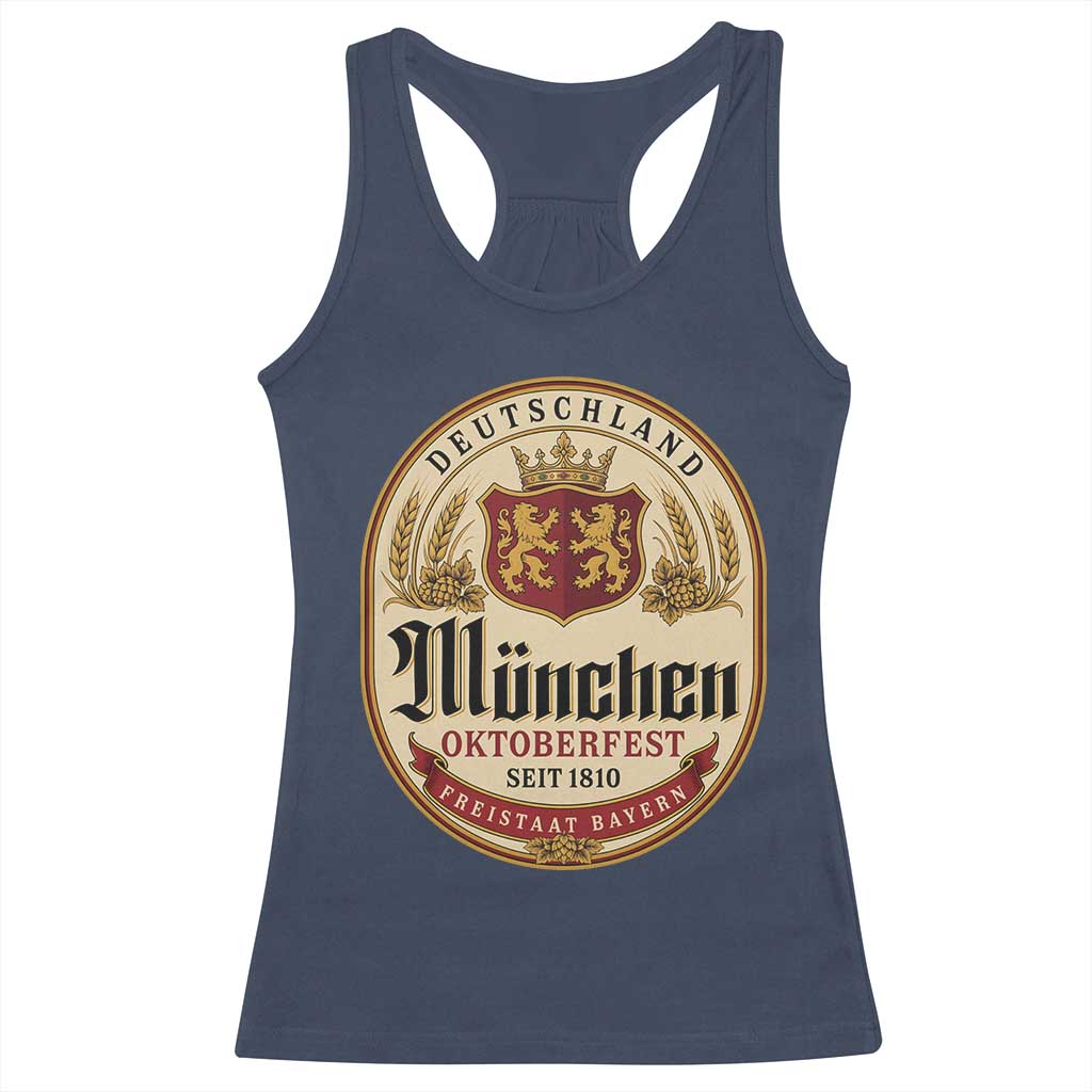 Oktoberfest Munchen Seit 1810 Racerback Tank Top Deutschland German Beer Label Bavarian Lion Shield