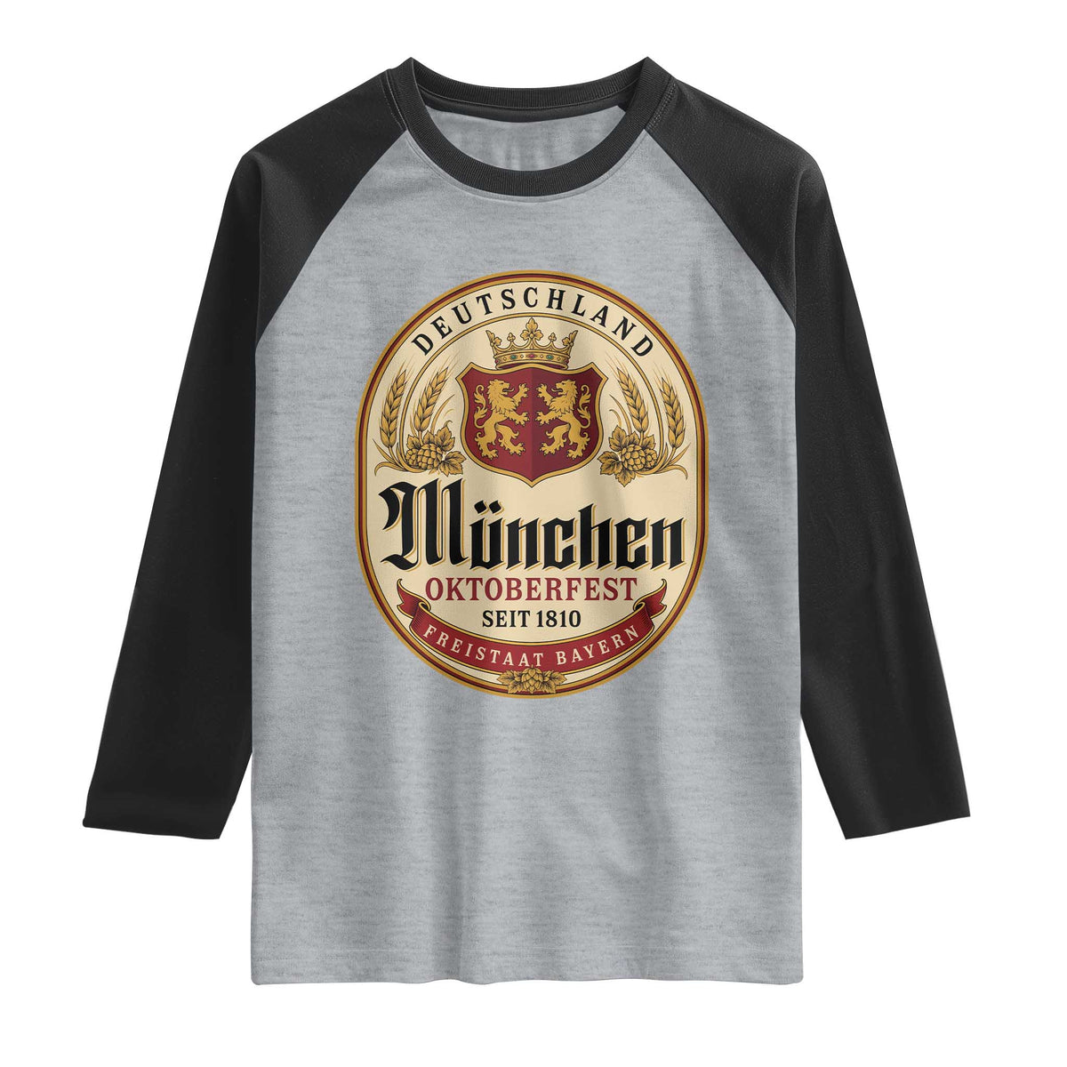 Oktoberfest Munchen Seit 1810 Raglan Shirt Deutschland German Beer Label Bavarian Lion Shield