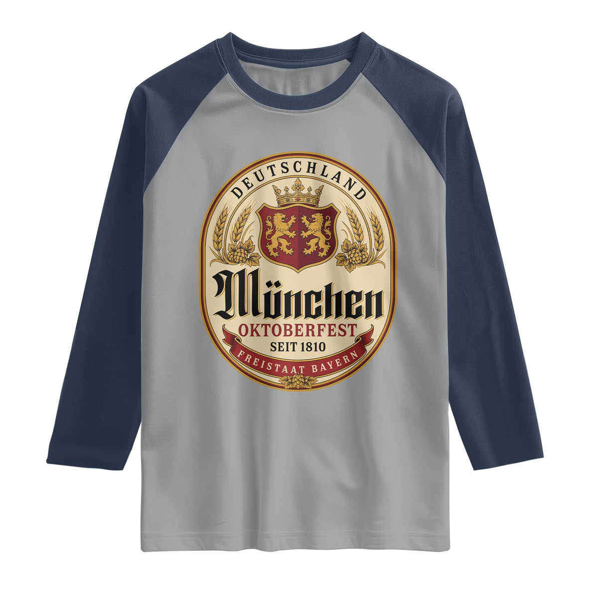 Oktoberfest Munchen Seit 1810 Raglan Shirt Deutschland German Beer Label Bavarian Lion Shield
