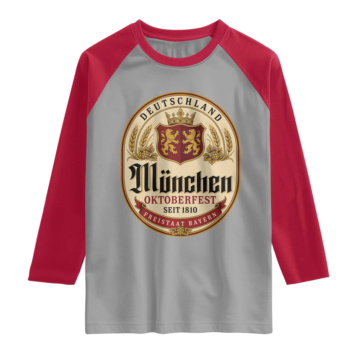 Oktoberfest Munchen Seit 1810 Raglan Shirt Deutschland German Beer Label Bavarian Lion Shield