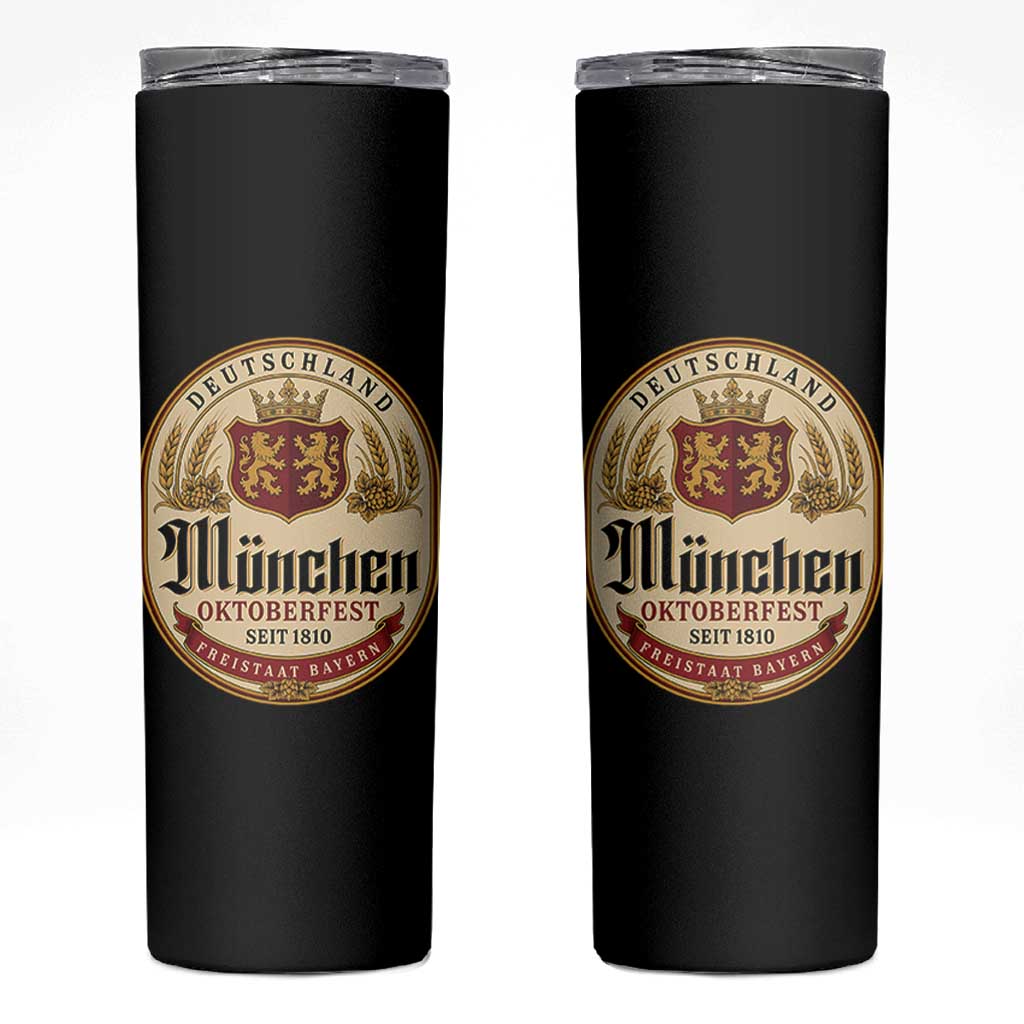 Oktoberfest Munchen Seit 1810 Skinny Tumbler Deutschland German Beer Label Bavarian Lion Shield