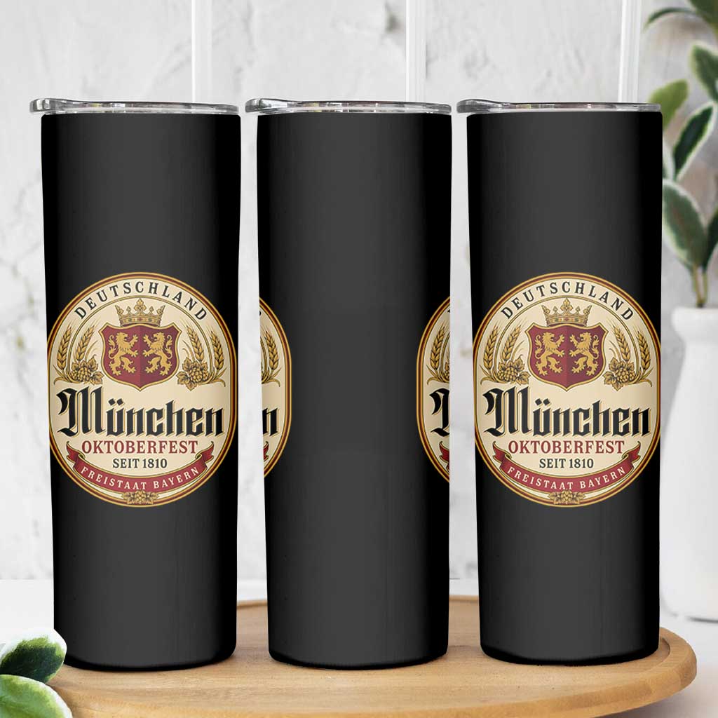 Oktoberfest Munchen Seit 1810 Skinny Tumbler Deutschland German Beer Label Bavarian Lion Shield
