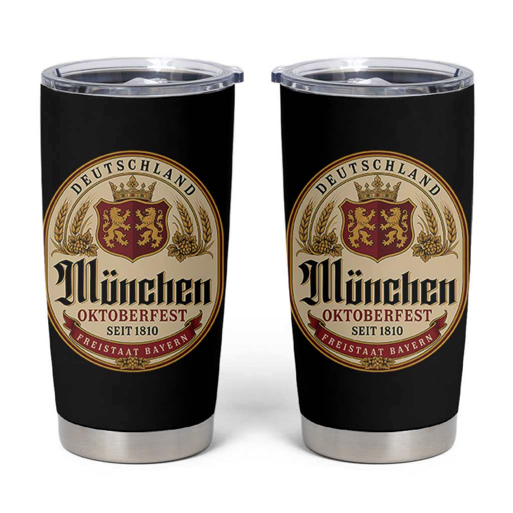 Oktoberfest Munchen Seit 1810 Tumbler Cup Deutschland German Beer Label Bavarian Lion Shield