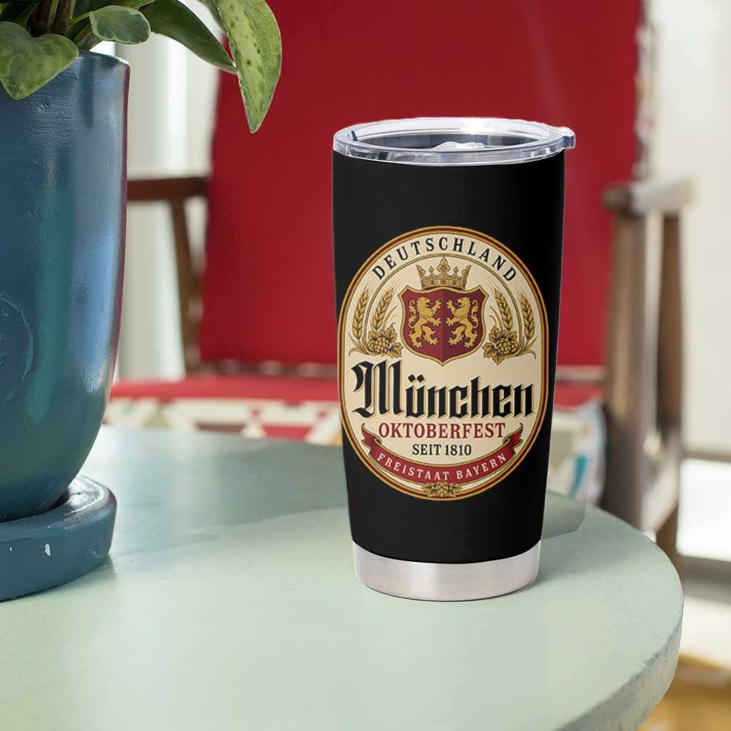 Oktoberfest Munchen Seit 1810 Tumbler Cup Deutschland German Beer Label Bavarian Lion Shield