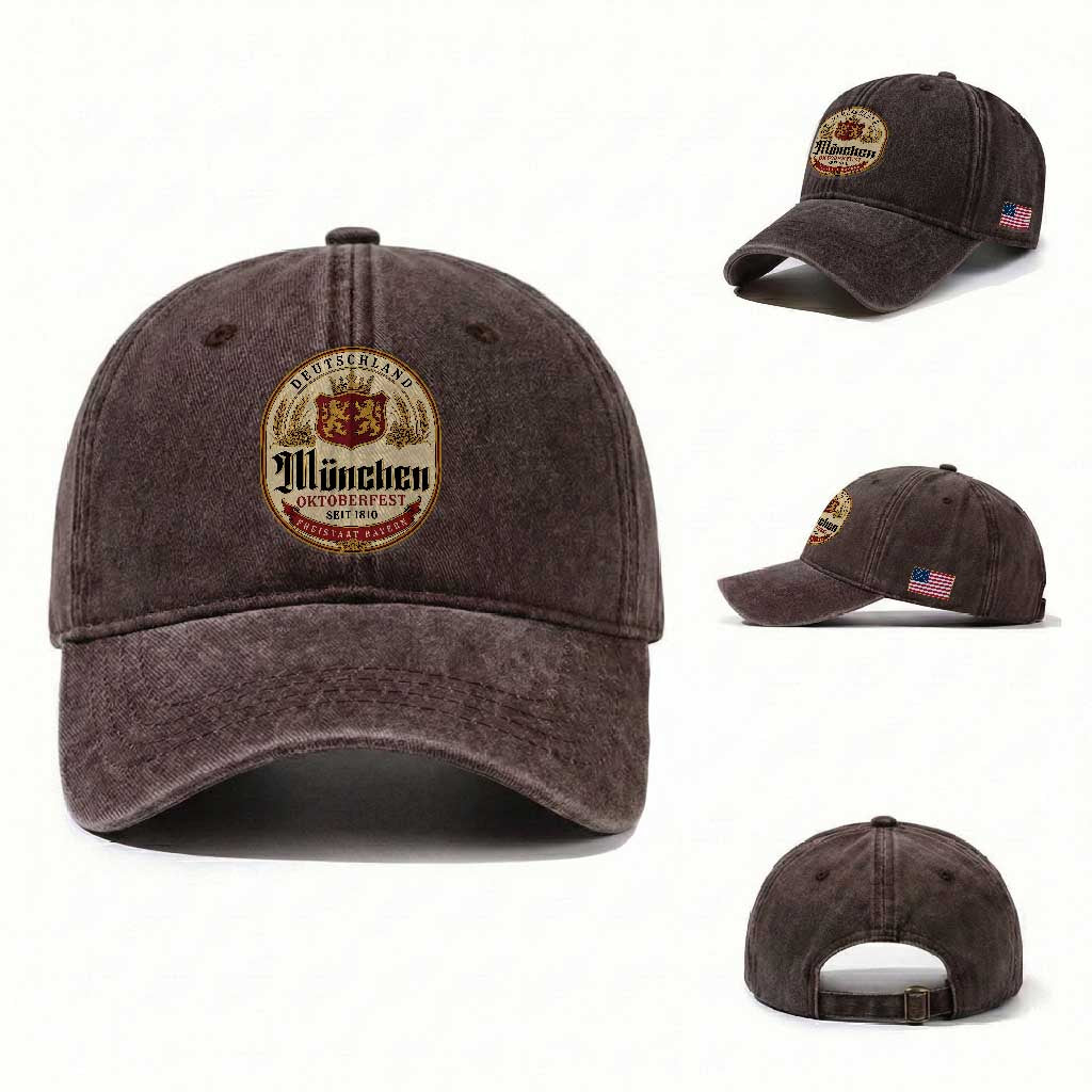 Oktoberfest Munchen Seit 1810 Washed Cotton Baseball Cap Deutschland German Beer Label Bavarian Lion Shield