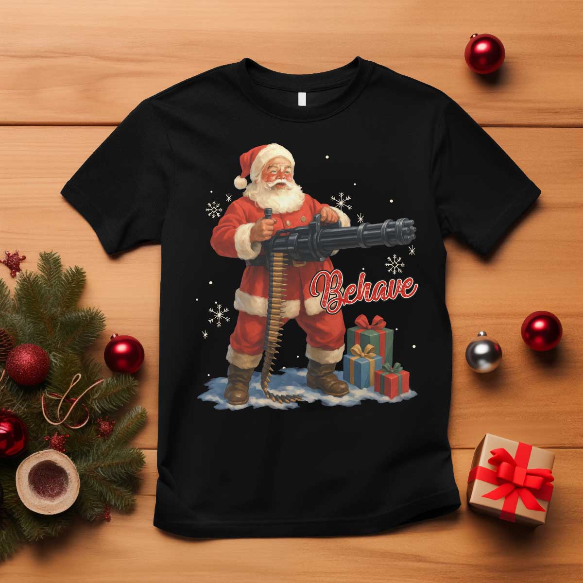 Christmas Santa Machine Gun T Shirt Behave Xmas Gun Lover - Wonder Print Shop