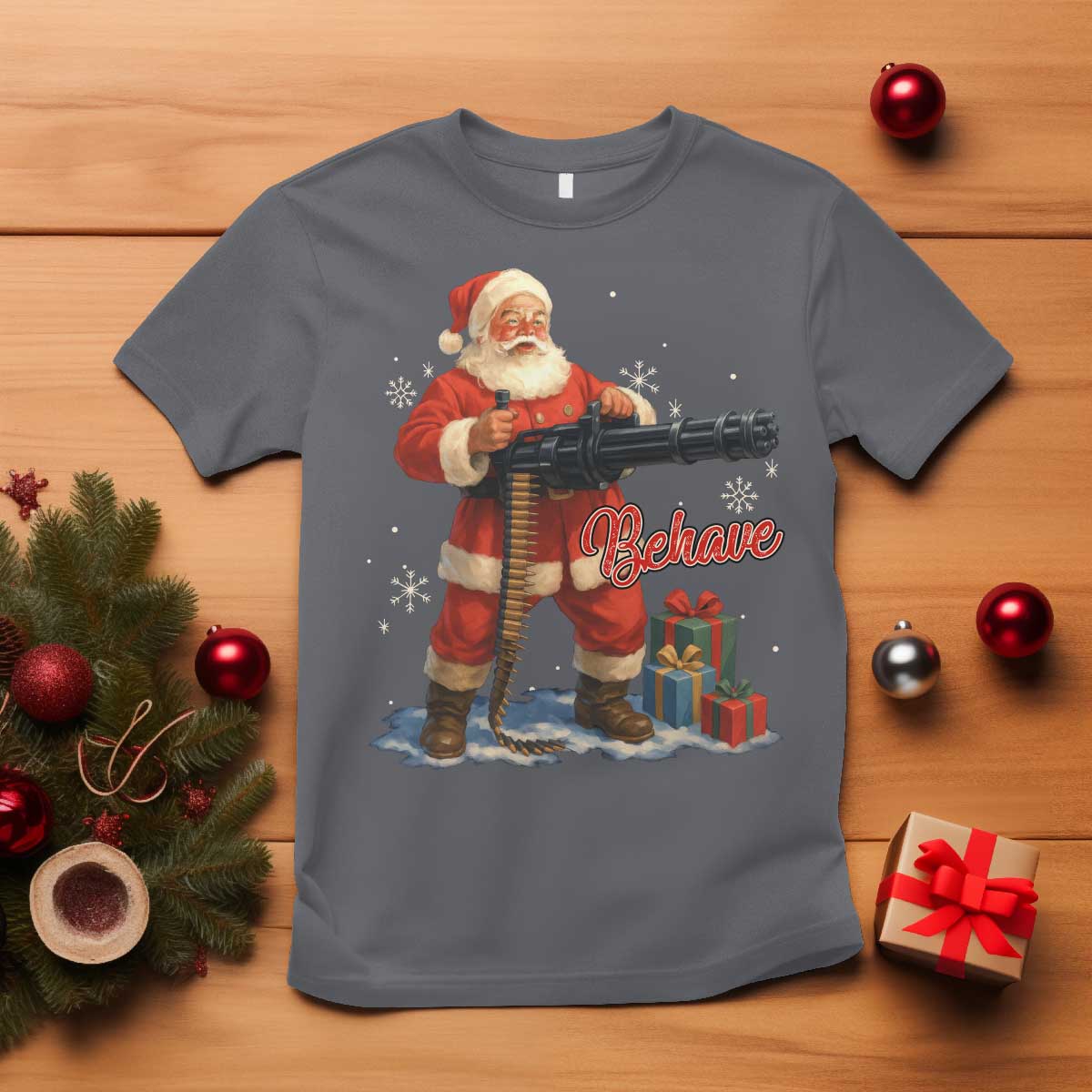 Christmas Santa Machine Gun T Shirt Behave Xmas Gun Lover - Wonder Print Shop
