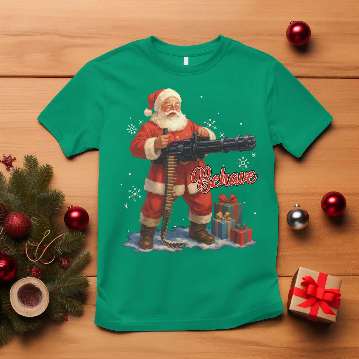 Christmas Santa Machine Gun T Shirt Behave Xmas Gun Lover - Wonder Print Shop