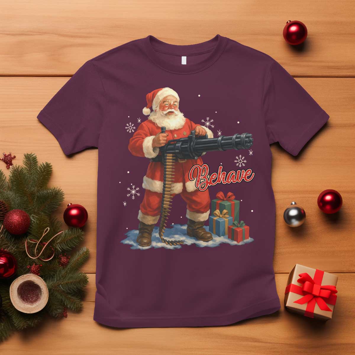 Christmas Santa Machine Gun T Shirt Behave Xmas Gun Lover - Wonder Print Shop