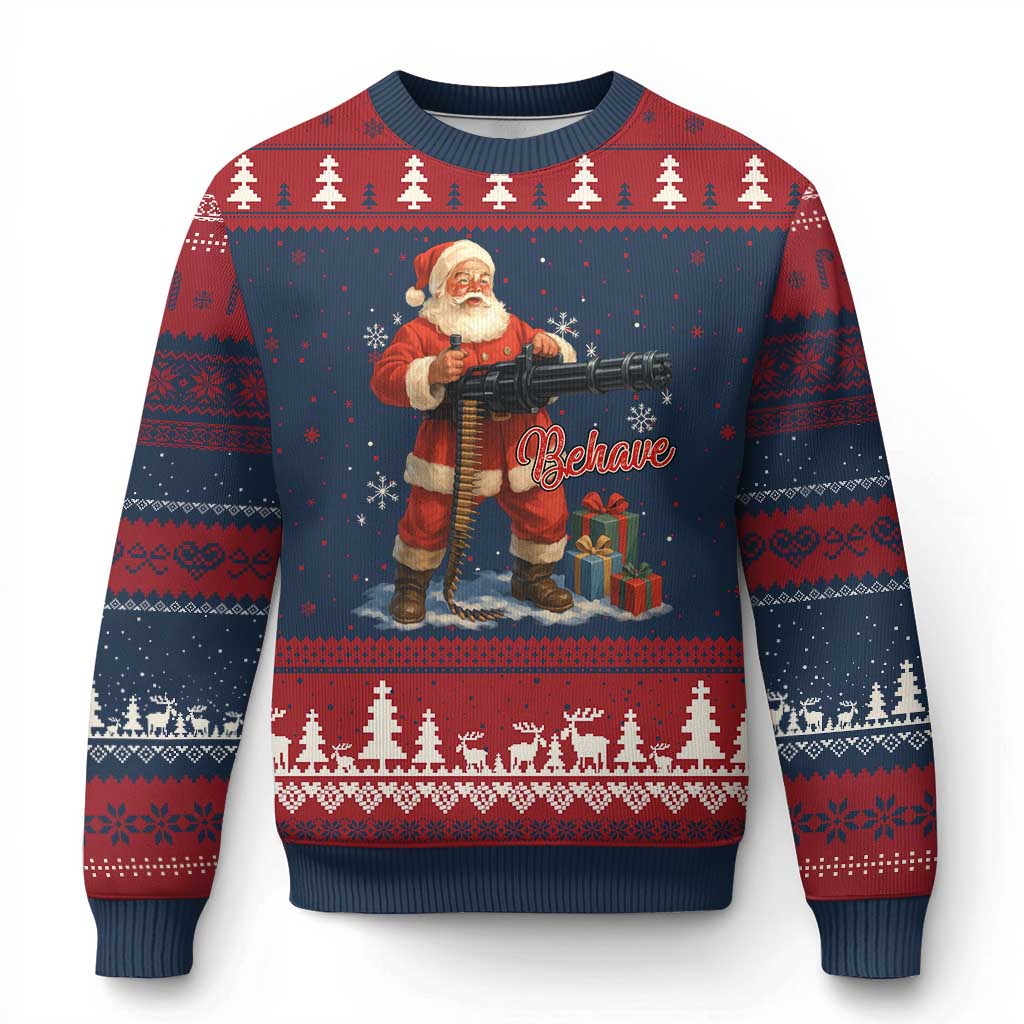 Christmas Santa Machine Gun Ugly Christmas Sweater Behave Xmas Gun Lover - Wonder Print Shop
