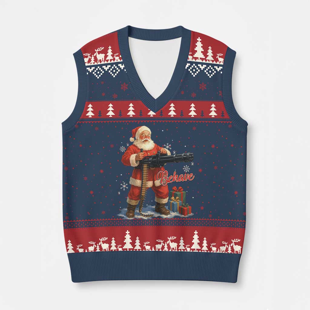Christmas Santa Machine Gun V-Neck Knit Sweater Vest Behave Xmas Gun Lover - Wonder Print Shop