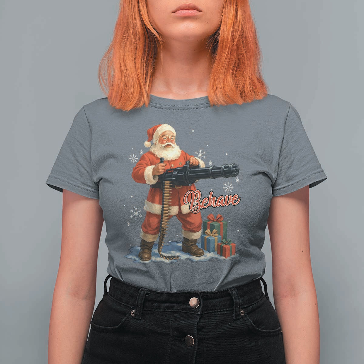 Christmas Santa Machine Gun T Shirt For Women Behave Xmas Gun Lover - Wonder Print Shop