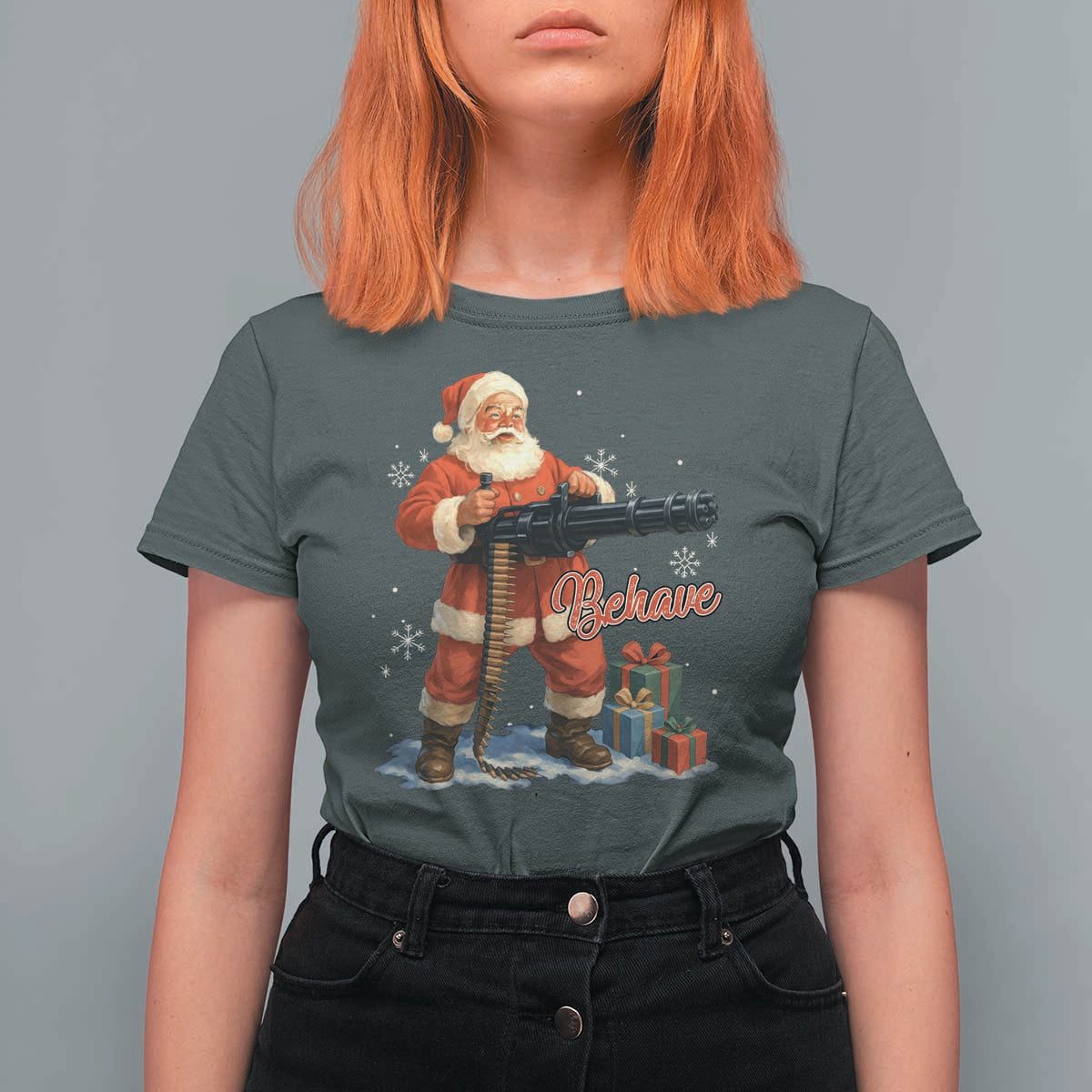 Christmas Santa Machine Gun T Shirt For Women Behave Xmas Gun Lover - Wonder Print Shop