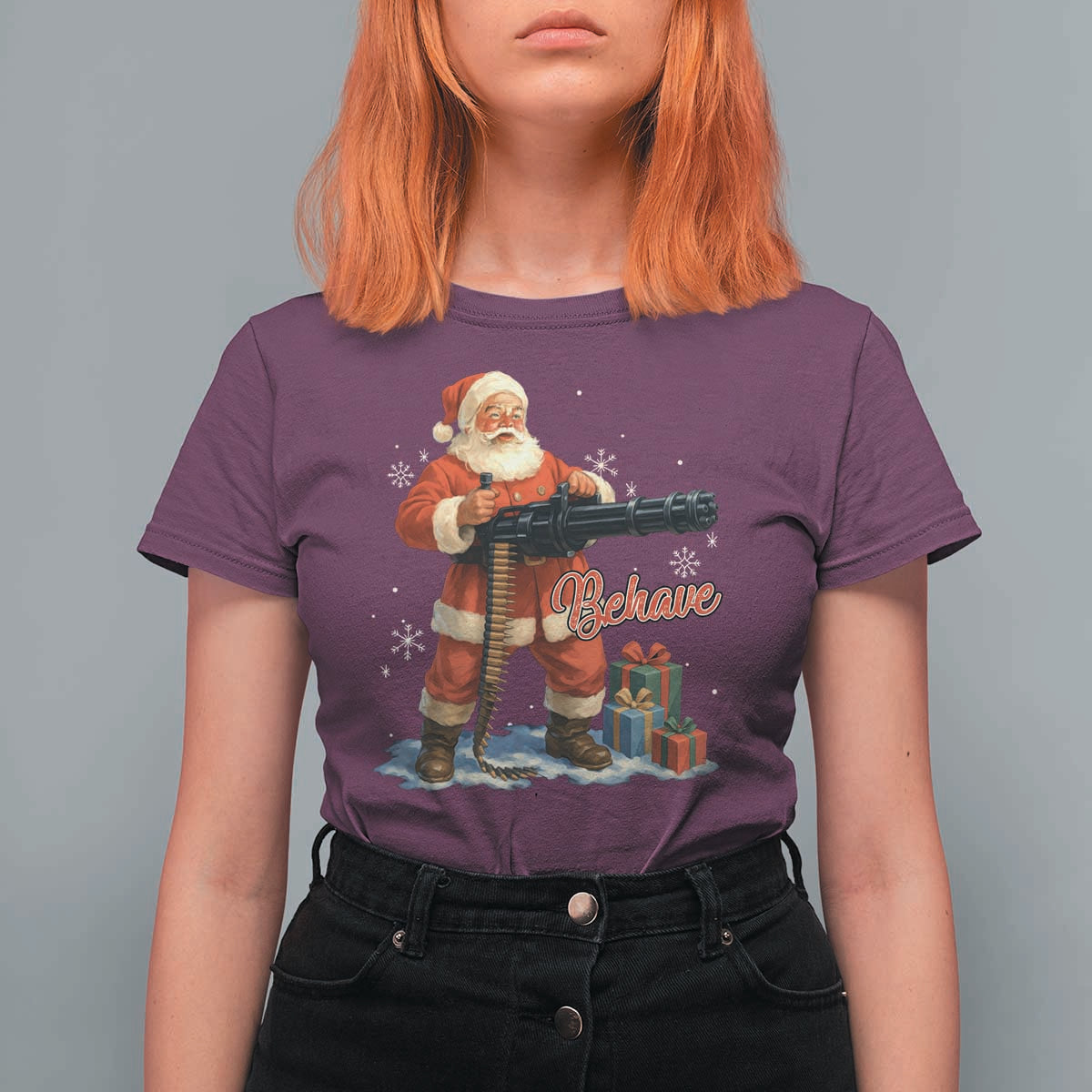 Christmas Santa Machine Gun T Shirt For Women Behave Xmas Gun Lover - Wonder Print Shop