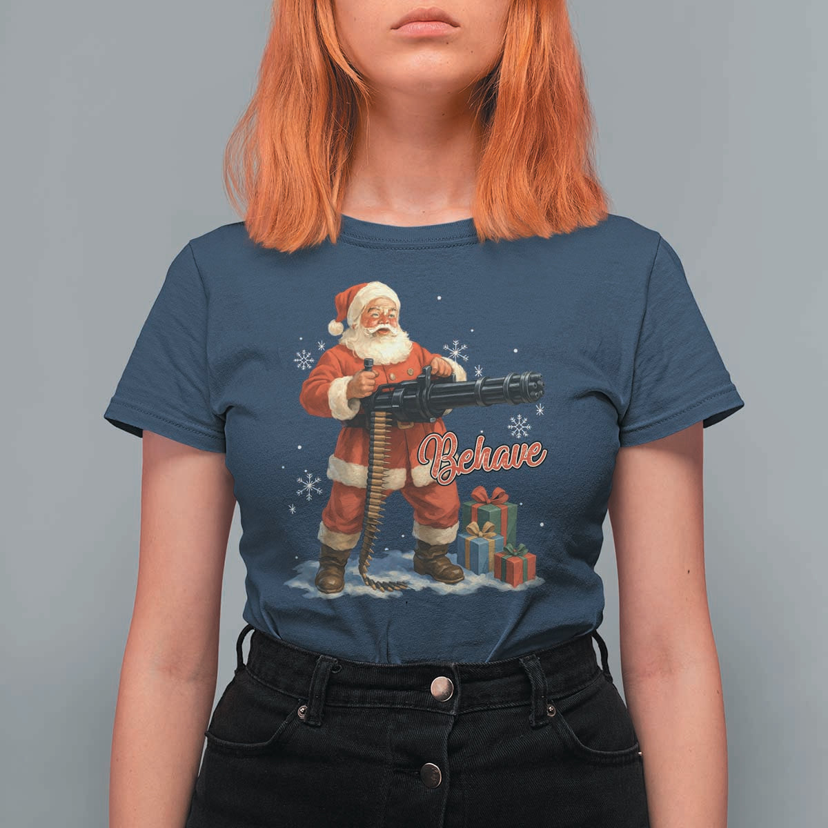 Christmas Santa Machine Gun T Shirt For Women Behave Xmas Gun Lover - Wonder Print Shop