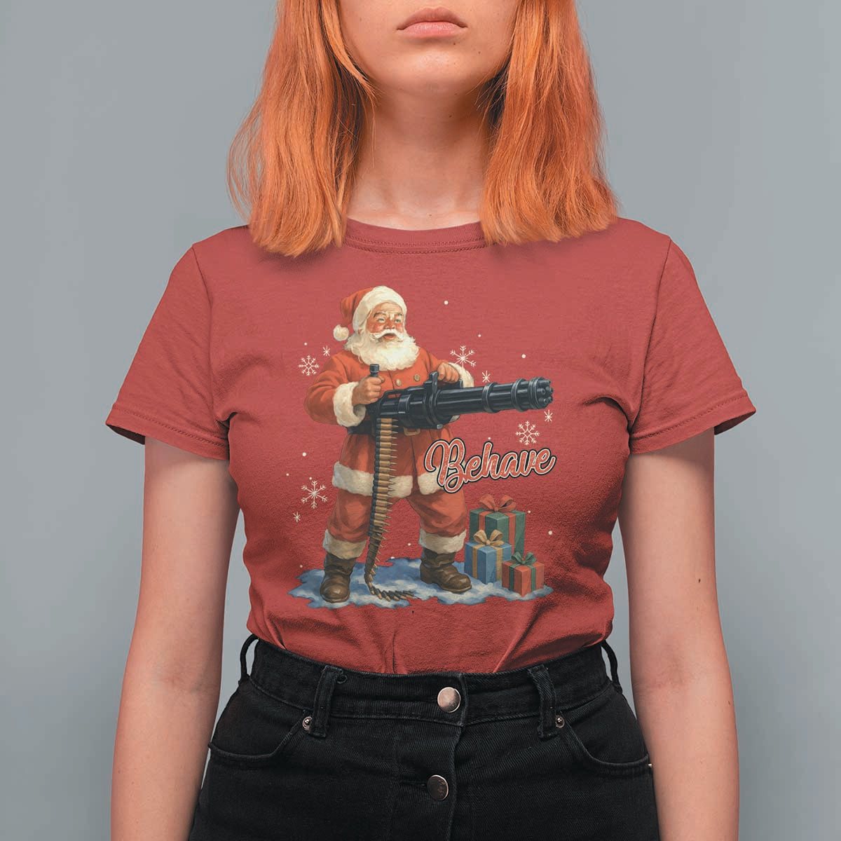 Christmas Santa Machine Gun T Shirt For Women Behave Xmas Gun Lover - Wonder Print Shop