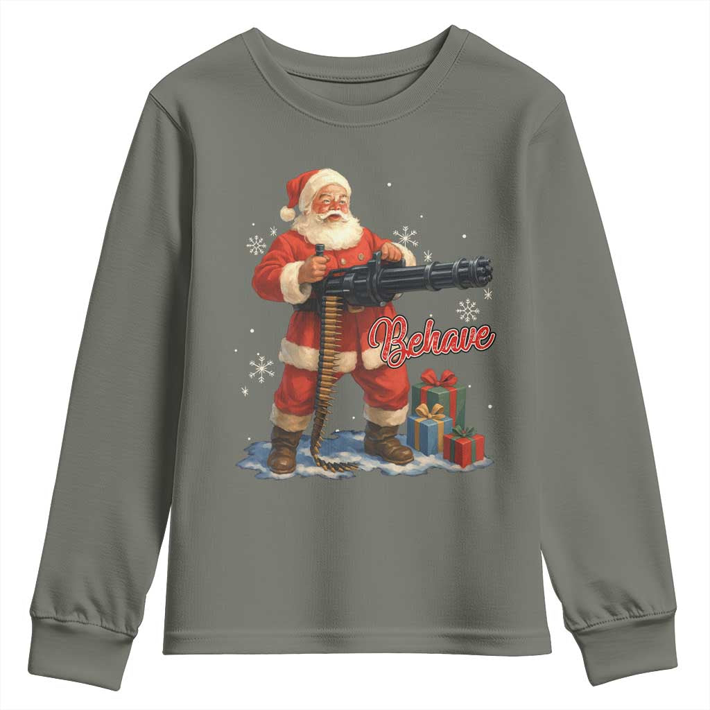 Christmas Santa Machine Gun Youth Sweatshirt Behave Xmas Gun Lover - Wonder Print Shop