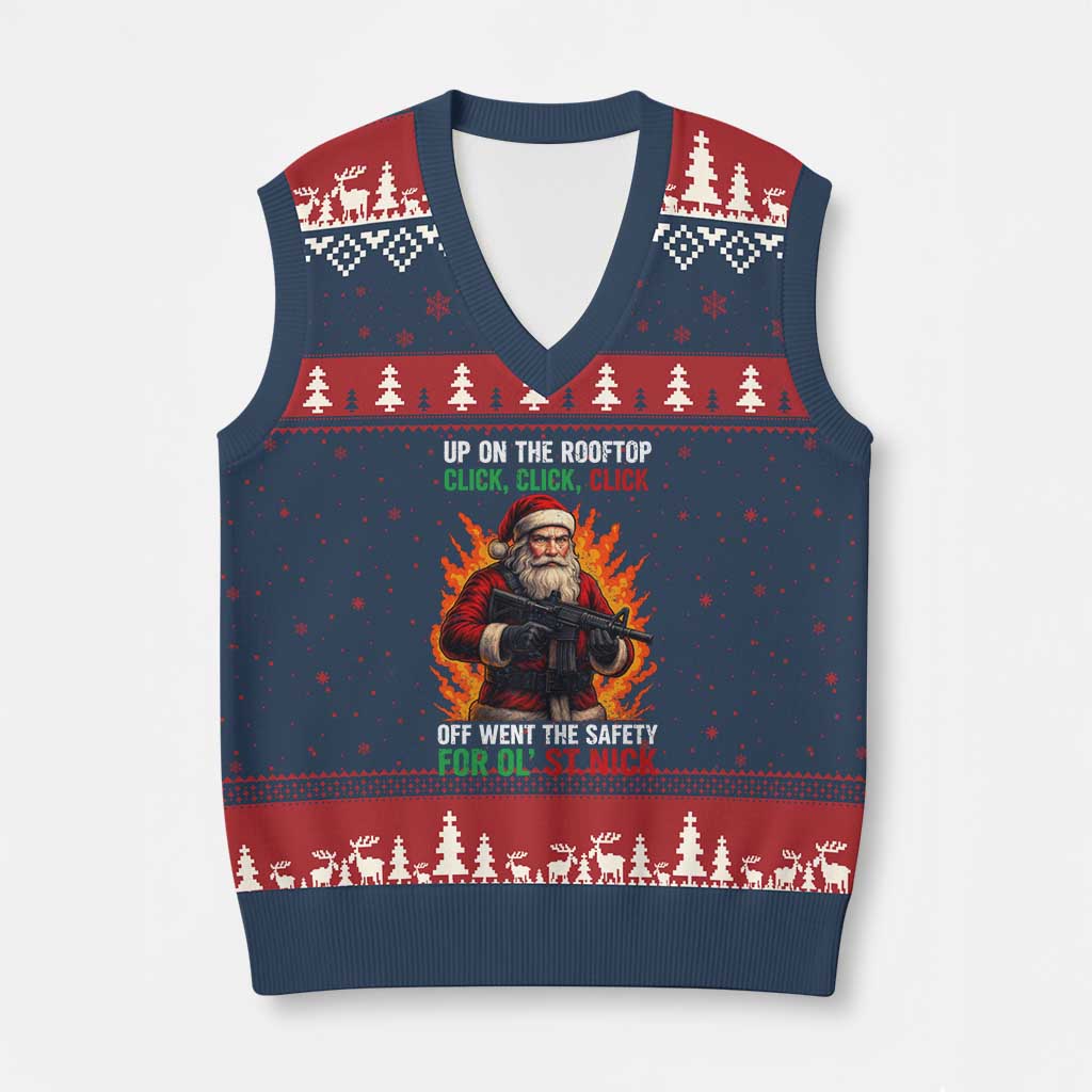 Funny Gun Xmas V-Neck Knit Sweater Vest Up On The Rooftop Click Click Off Went The Safety For Ol St Nick - Wonder Print Shop