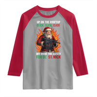Funny Gun Christmas Raglan Shirt Up On The Rooftop Click Click Off Went The Safety For Ol St Nick - Wonder Print Shop