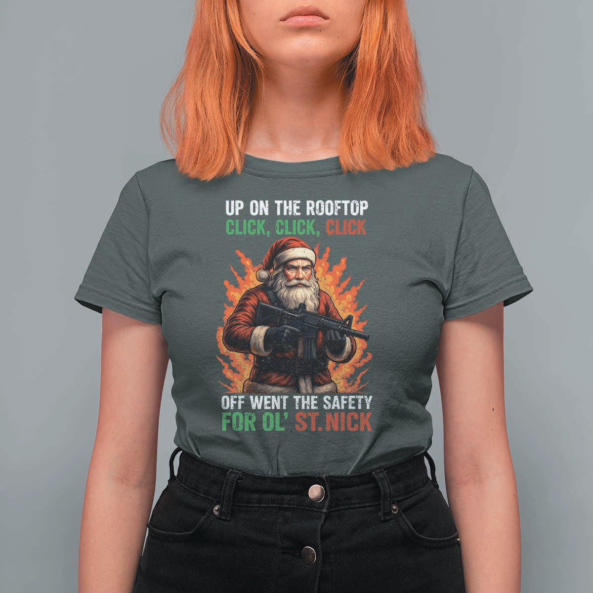 Funny Gun Christmas T Shirt For Women Up On The Rooftop Click Click Off Went The Safety For Ol St Nick - Wonder Print Shop