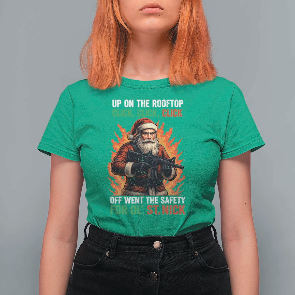Funny Gun Christmas T Shirt For Women Up On The Rooftop Click Click Off Went The Safety For Ol St Nick - Wonder Print Shop