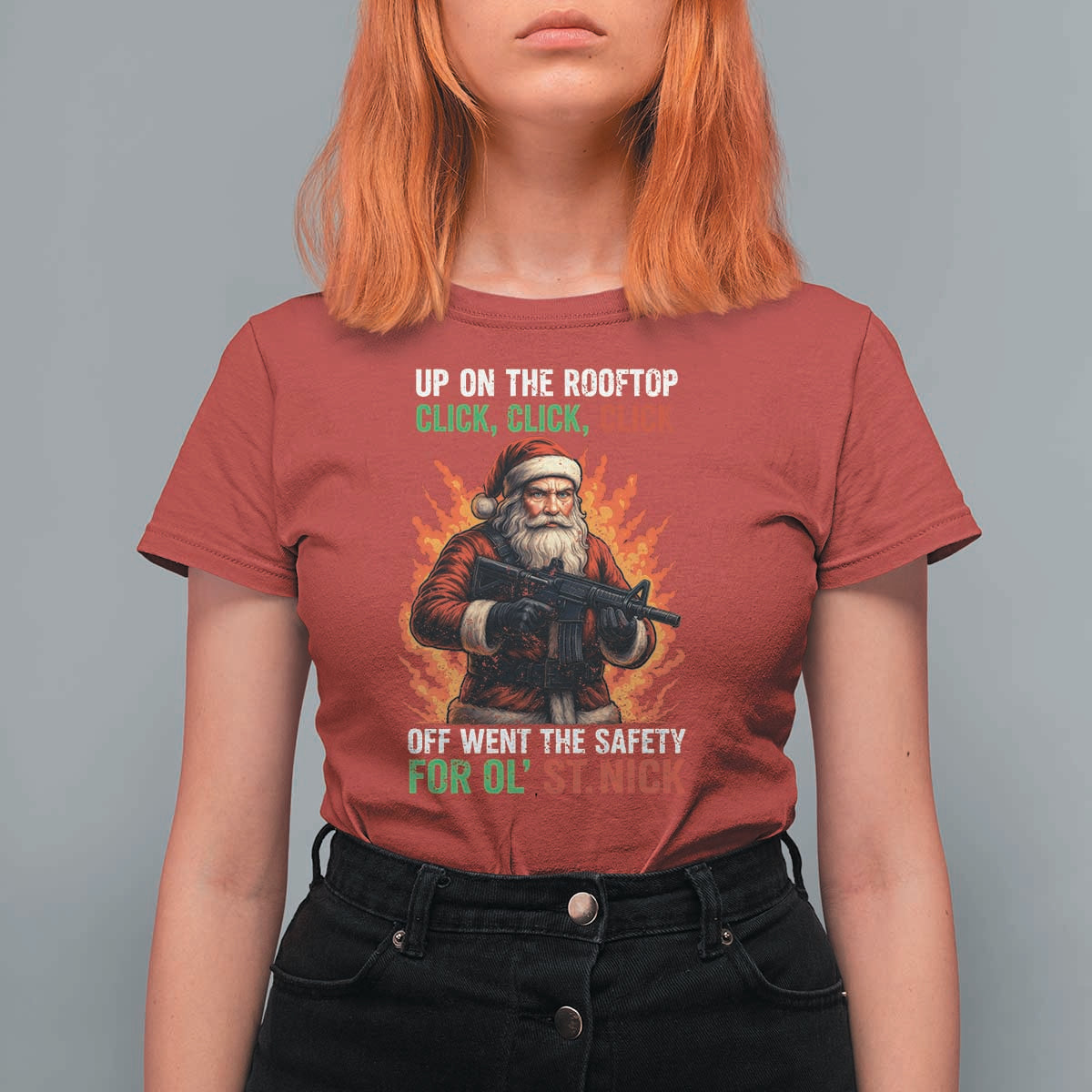 Funny Gun Christmas T Shirt For Women Up On The Rooftop Click Click Off Went The Safety For Ol St Nick - Wonder Print Shop