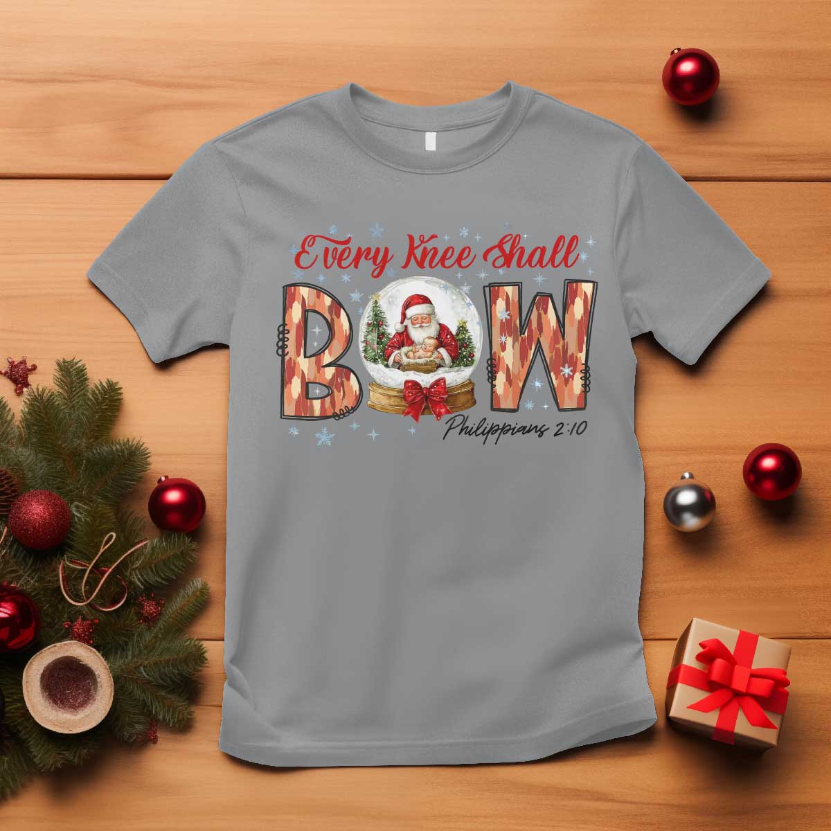 Every Knee Shall Bow T Shirt Santa Christmas Nativity Scene Bible Verse - Wonder Print Shop