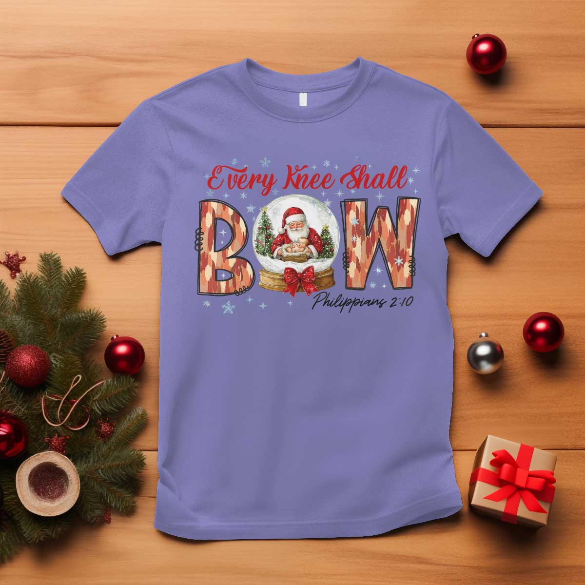 Every Knee Shall Bow T Shirt Santa Christmas Nativity Scene Bible Verse - Wonder Print Shop