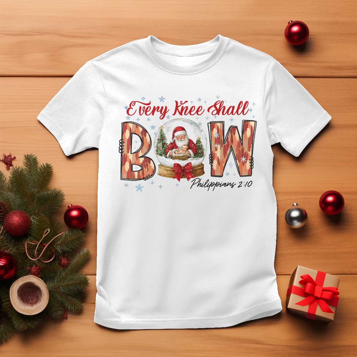 Every Knee Shall Bow T Shirt Santa Christmas Nativity Scene Bible Verse - Wonder Print Shop