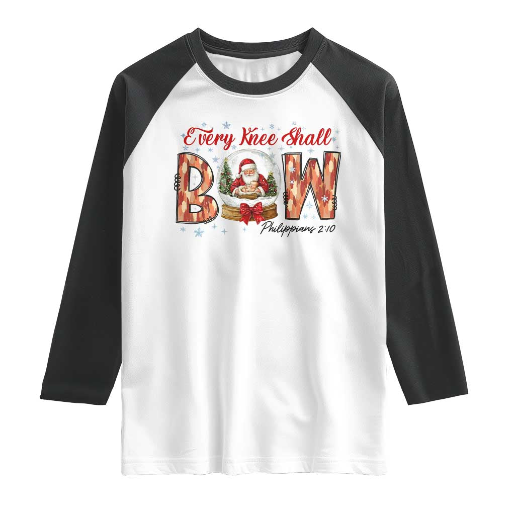 Every Knee Shall Bow Raglan Shirt Santa Christmas Nativity Scene Bible Verse - Wonder Print Shop