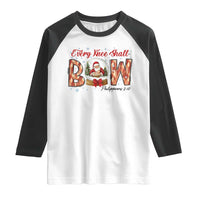 Every Knee Shall Bow Raglan Shirt Santa Christmas Nativity Scene Bible Verse - Wonder Print Shop