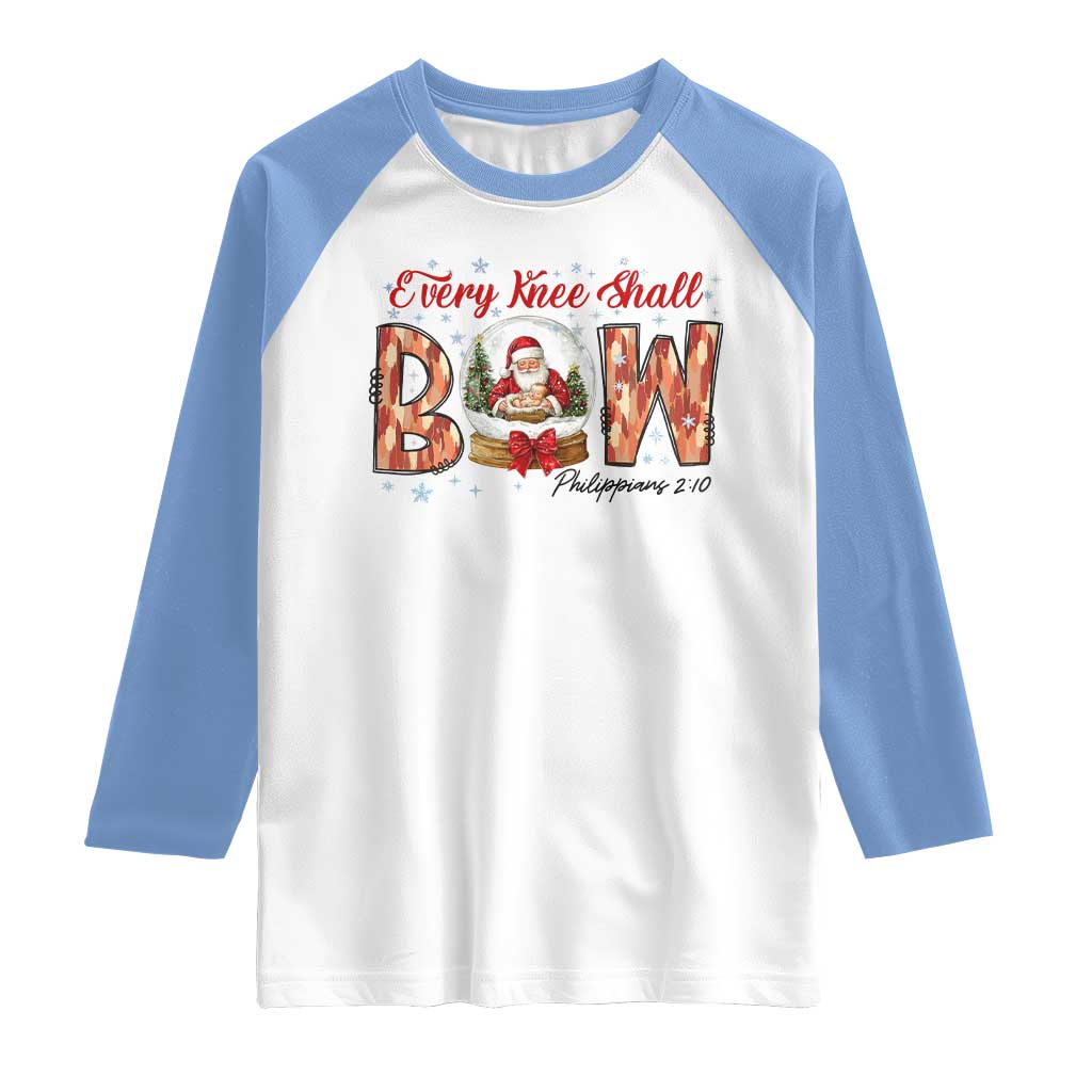 Every Knee Shall Bow Raglan Shirt Santa Christmas Nativity Scene Bible Verse - Wonder Print Shop