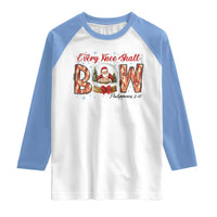 Every Knee Shall Bow Raglan Shirt Santa Christmas Nativity Scene Bible Verse - Wonder Print Shop