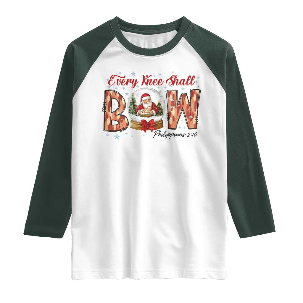 Every Knee Shall Bow Raglan Shirt Santa Christmas Nativity Scene Bible Verse - Wonder Print Shop