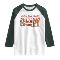 Every Knee Shall Bow Raglan Shirt Santa Christmas Nativity Scene Bible Verse - Wonder Print Shop