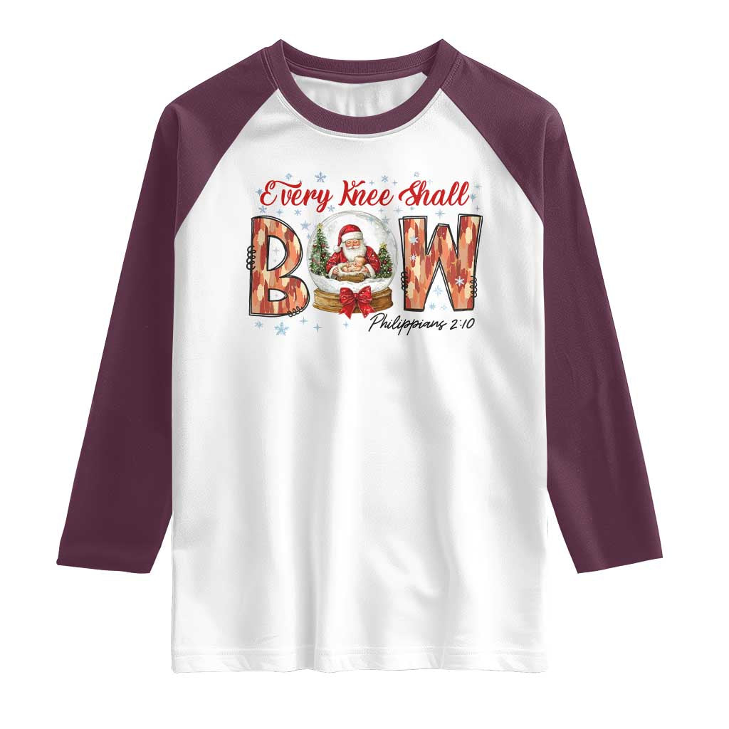 Every Knee Shall Bow Raglan Shirt Santa Christmas Nativity Scene Bible Verse - Wonder Print Shop