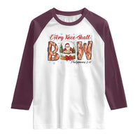 Every Knee Shall Bow Raglan Shirt Santa Christmas Nativity Scene Bible Verse - Wonder Print Shop