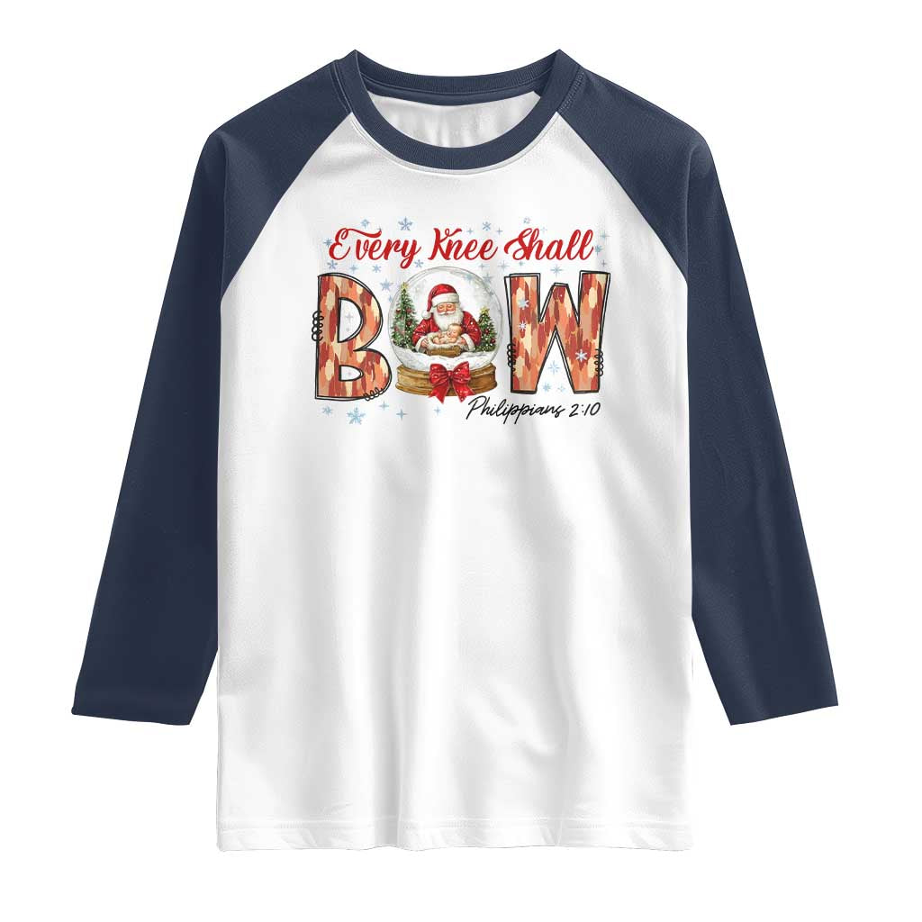 Every Knee Shall Bow Raglan Shirt Santa Christmas Nativity Scene Bible Verse - Wonder Print Shop