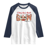 Every Knee Shall Bow Raglan Shirt Santa Christmas Nativity Scene Bible Verse - Wonder Print Shop