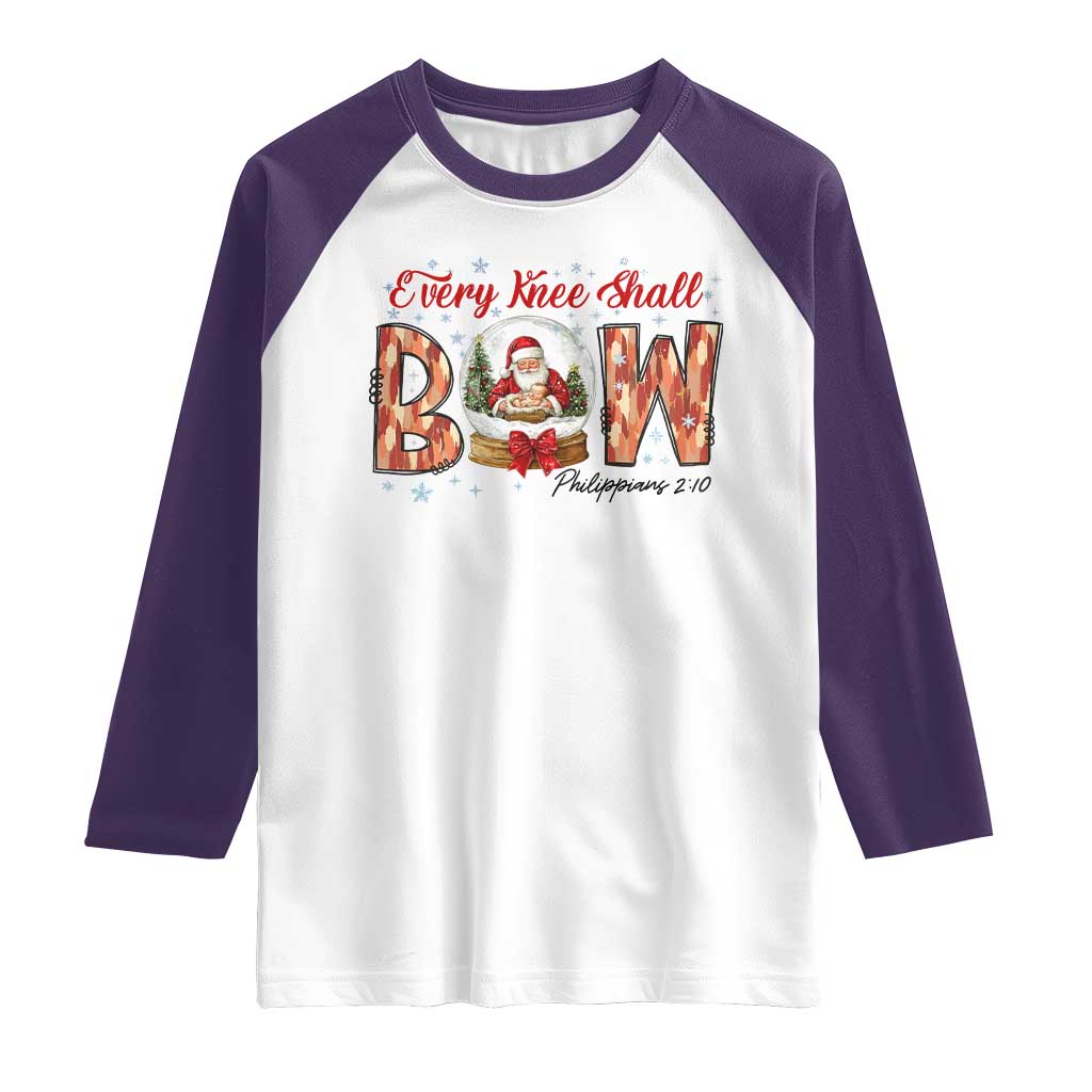 Every Knee Shall Bow Raglan Shirt Santa Christmas Nativity Scene Bible Verse - Wonder Print Shop