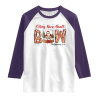 Every Knee Shall Bow Raglan Shirt Santa Christmas Nativity Scene Bible Verse - Wonder Print Shop