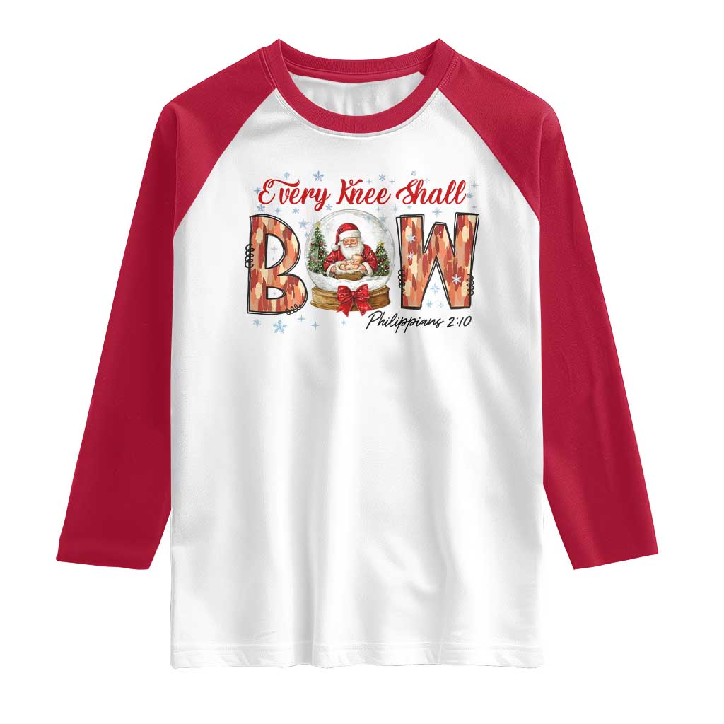 Every Knee Shall Bow Raglan Shirt Santa Christmas Nativity Scene Bible Verse - Wonder Print Shop