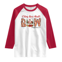 Every Knee Shall Bow Raglan Shirt Santa Christmas Nativity Scene Bible Verse - Wonder Print Shop