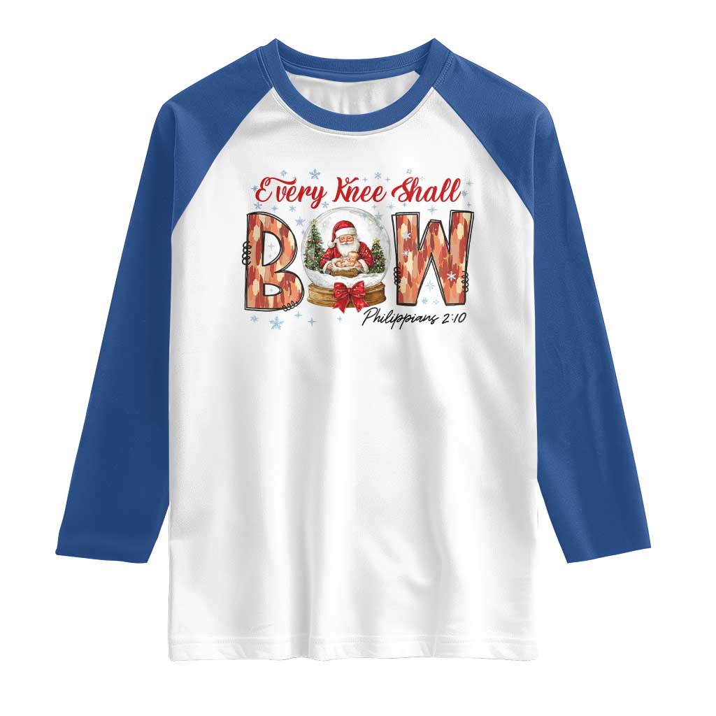 Every Knee Shall Bow Raglan Shirt Santa Christmas Nativity Scene Bible Verse - Wonder Print Shop